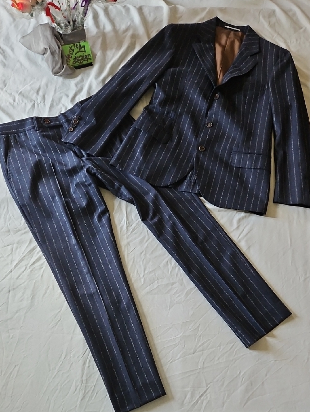 Brunello Cucinelli Navy Pinstripe Wool Suit Jacket & Trousers